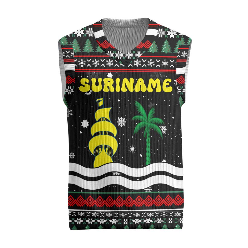Suriname Christmas Knitted V-Neck Vest with Black Festive Pattern, Golden Ship, Palm Tree, and Coat of Arms Motif - Wonder Print Shop