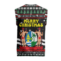Suriname Christmas Knitted V-Neck Vest with Black Festive Pattern, Golden Ship, Palm Tree, and Coat of Arms Motif - Wonder Print Shop