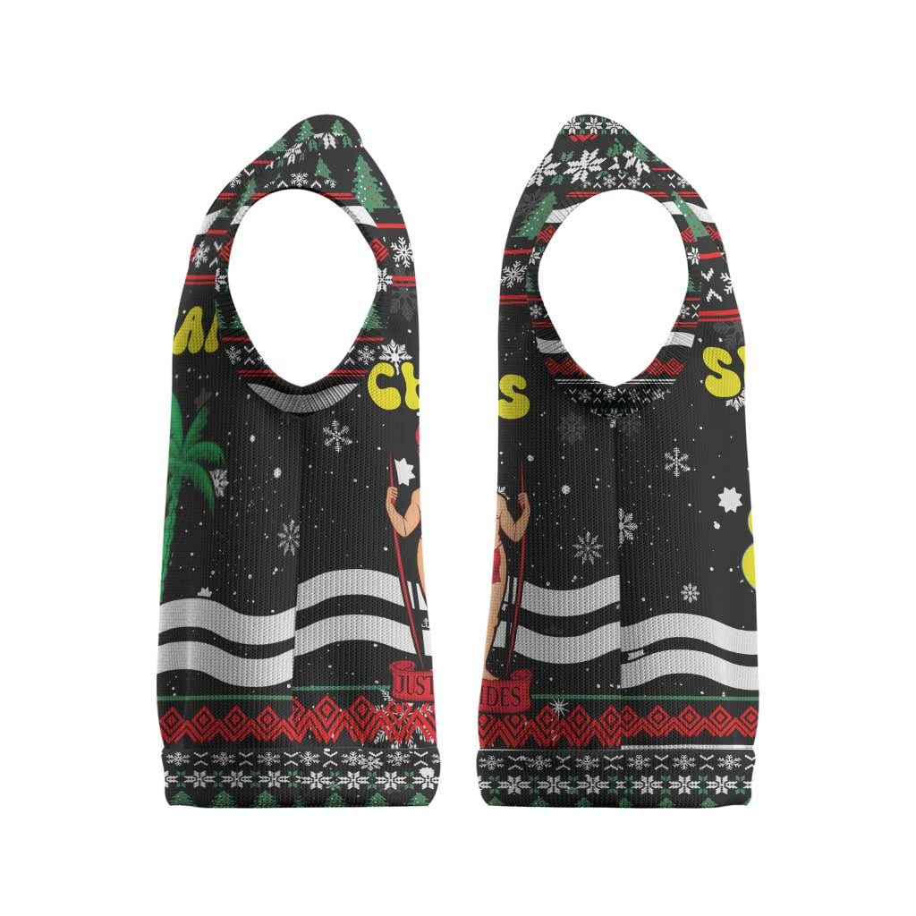 Suriname Christmas Knitted V-Neck Vest with Black Festive Pattern, Golden Ship, Palm Tree, and Coat of Arms Motif - Wonder Print Shop