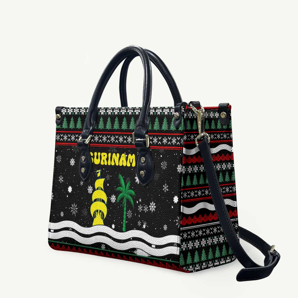 Suriname Christmas Leather Bag with Black Festive Pattern, Golden Ship, Palm Tree, and Coat of Arms Motif - Wonder Print Shop