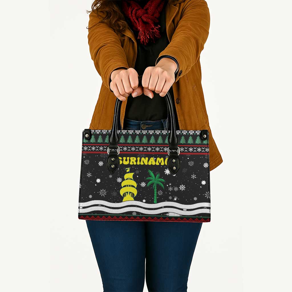 Suriname Christmas Leather Bag with Black Festive Pattern, Golden Ship, Palm Tree, and Coat of Arms Motif - Wonder Print Shop