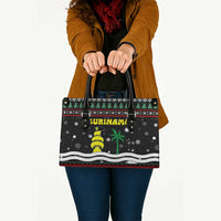 Suriname Christmas Leather Bag with Black Festive Pattern, Golden Ship, Palm Tree, and Coat of Arms Motif - Wonder Print Shop
