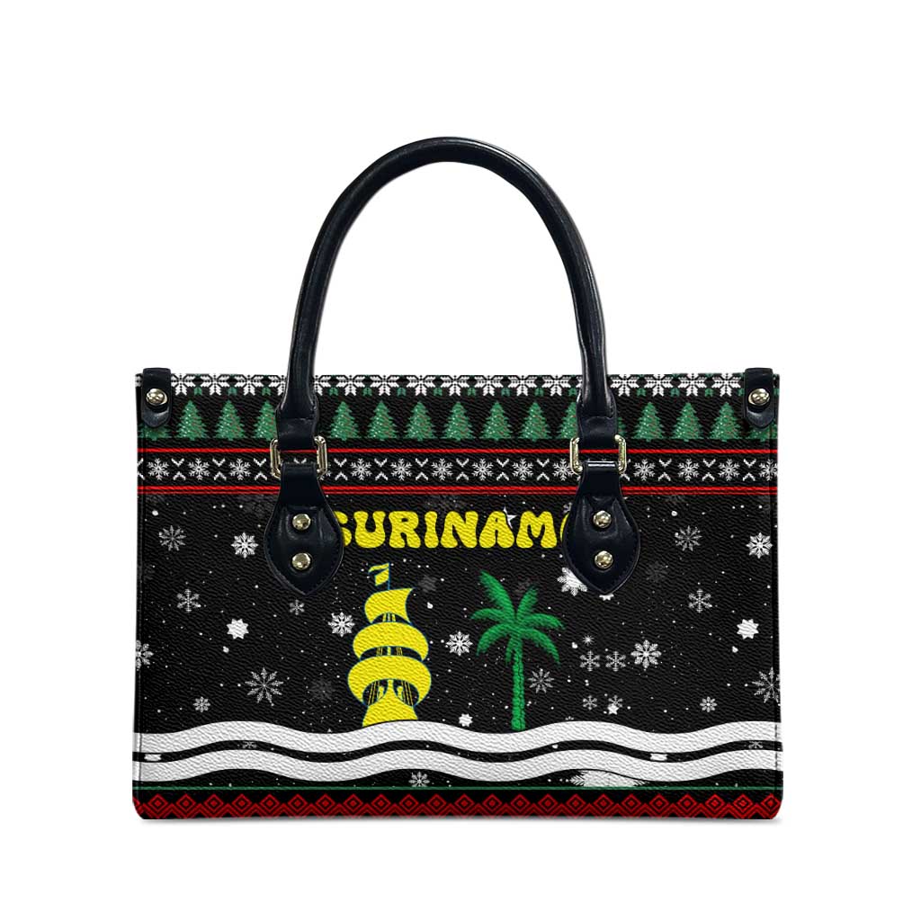 Suriname Christmas Leather Bag with Black Festive Pattern, Golden Ship, Palm Tree, and Coat of Arms Motif - Wonder Print Shop