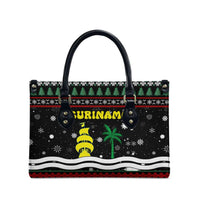 Suriname Christmas Leather Bag with Black Festive Pattern, Golden Ship, Palm Tree, and Coat of Arms Motif - Wonder Print Shop