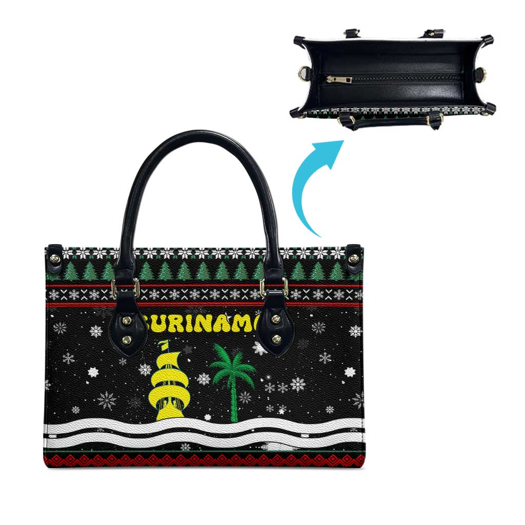 Suriname Christmas Leather Bag with Black Festive Pattern, Golden Ship, Palm Tree, and Coat of Arms Motif - Wonder Print Shop