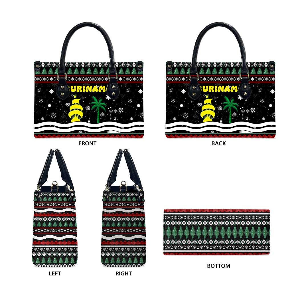 Suriname Christmas Leather Bag with Black Festive Pattern, Golden Ship, Palm Tree, and Coat of Arms Motif - Wonder Print Shop