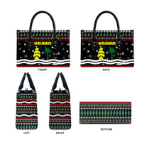 Suriname Christmas Leather Bag with Black Festive Pattern, Golden Ship, Palm Tree, and Coat of Arms Motif - Wonder Print Shop