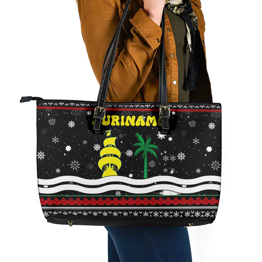 Suriname Christmas Leather Tote Bag with Black Festive Pattern, Golden Ship, Palm Tree, and Coat of Arms Motif - Wonder Print Shop