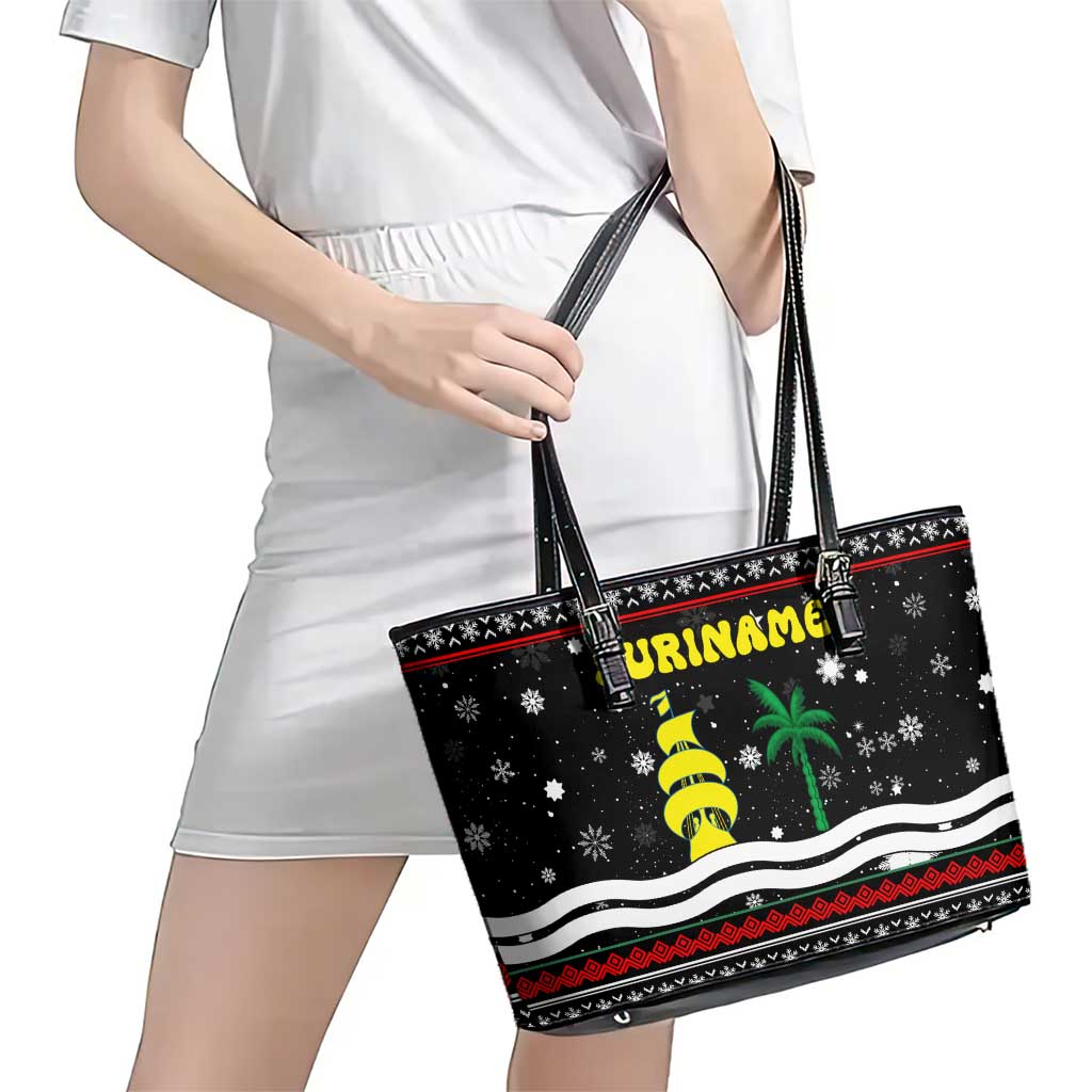 Suriname Christmas Leather Tote Bag with Black Festive Pattern, Golden Ship, Palm Tree, and Coat of Arms Motif - Wonder Print Shop