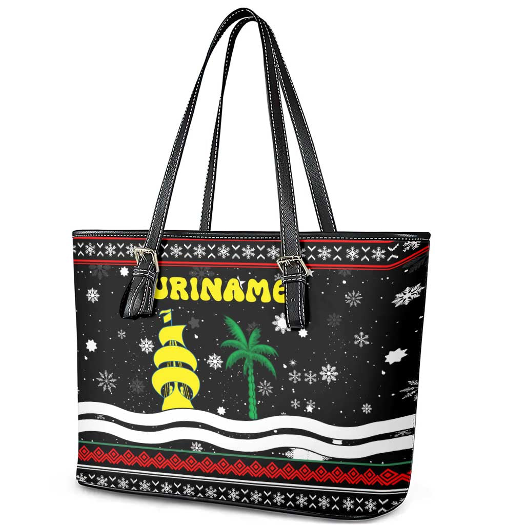Suriname Christmas Leather Tote Bag with Black Festive Pattern, Golden Ship, Palm Tree, and Coat of Arms Motif - Wonder Print Shop