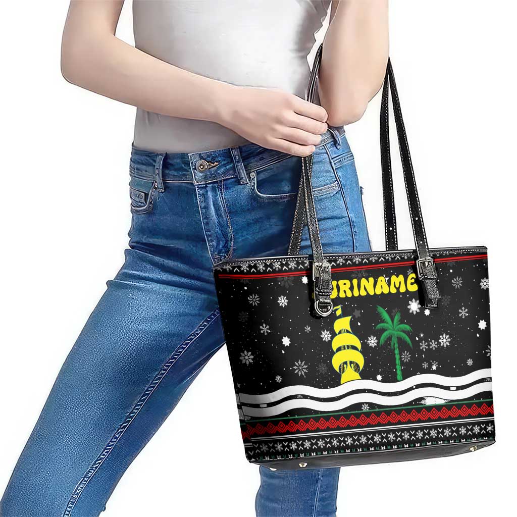 Suriname Christmas Leather Tote Bag with Black Festive Pattern, Golden Ship, Palm Tree, and Coat of Arms Motif - Wonder Print Shop