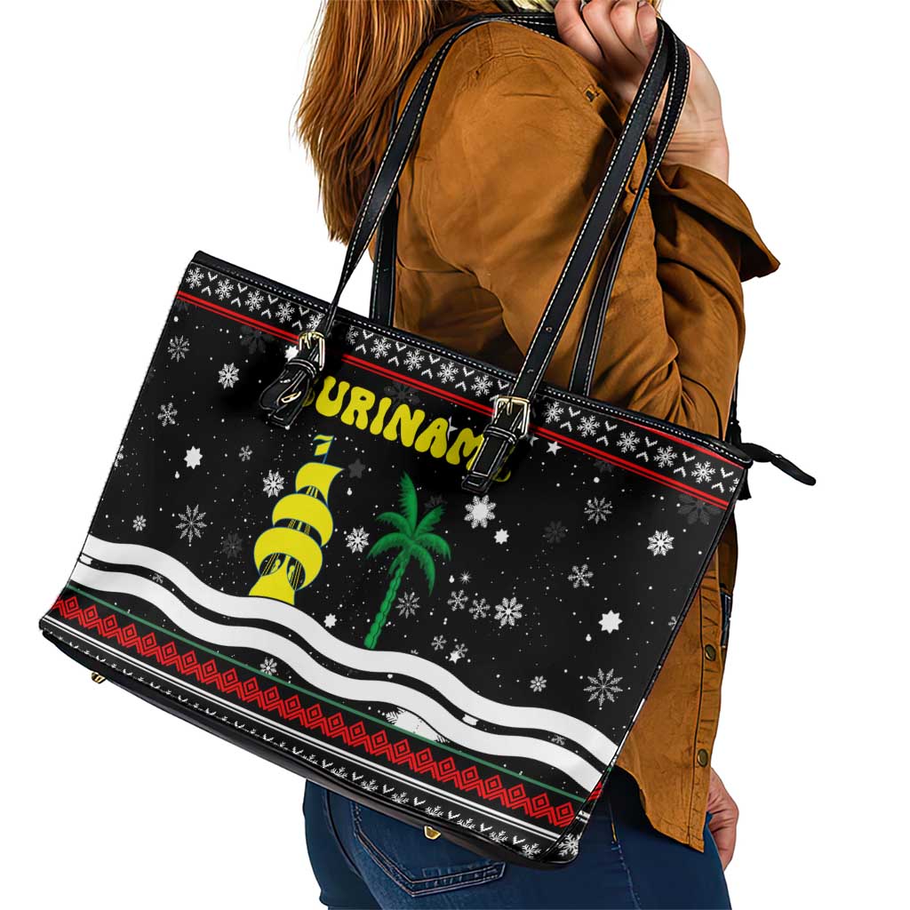 Suriname Christmas Leather Tote Bag with Black Festive Pattern, Golden Ship, Palm Tree, and Coat of Arms Motif - Wonder Print Shop