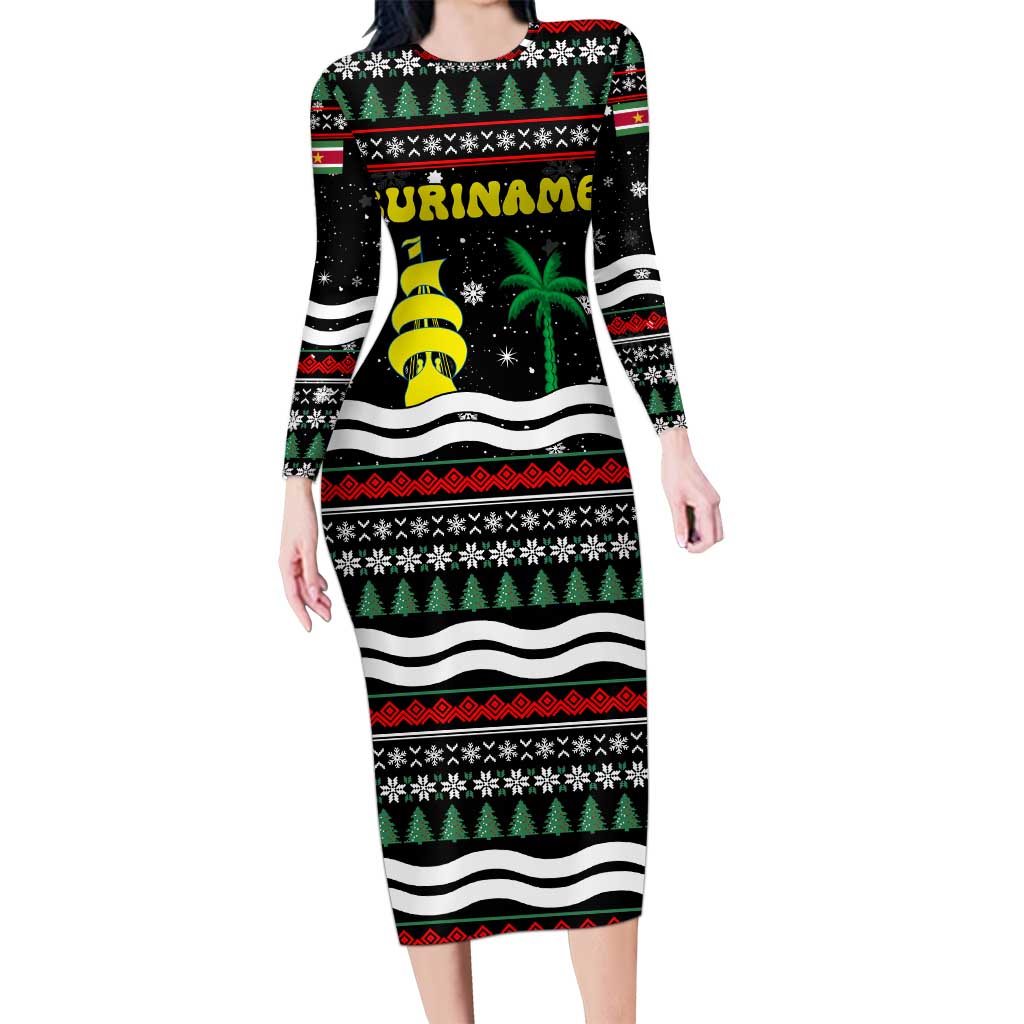 Suriname Christmas Long Sleeve Bodycon Dress with Black Festive Pattern, Golden Ship, Palm Tree, and Coat of Arms Motif - Wonder Print Shop