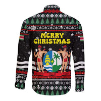 Suriname Christmas Long Sleeve Button Shirt with Black Festive Pattern, Golden Ship, Palm Tree, and Coat of Arms Motif - Wonder Print Shop