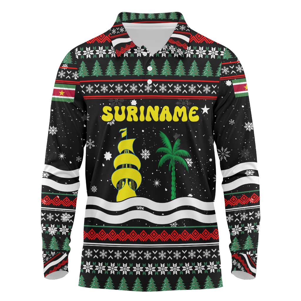 Suriname Christmas Long Sleeve Polo Shirt with Black Festive Pattern, Golden Ship, Palm Tree, and Coat of Arms Motif - Wonder Print Shop
