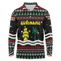 Suriname Christmas Long Sleeve Polo Shirt with Black Festive Pattern, Golden Ship, Palm Tree, and Coat of Arms Motif - Wonder Print Shop