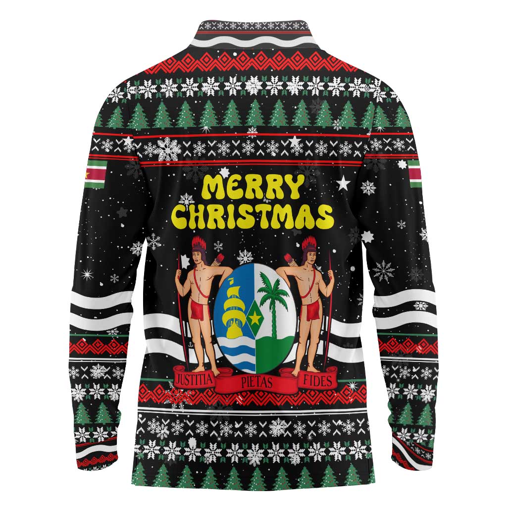 Suriname Christmas Long Sleeve Polo Shirt with Black Festive Pattern, Golden Ship, Palm Tree, and Coat of Arms Motif - Wonder Print Shop