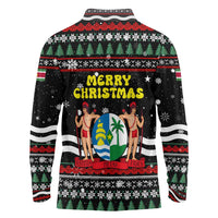 Suriname Christmas Long Sleeve Polo Shirt with Black Festive Pattern, Golden Ship, Palm Tree, and Coat of Arms Motif - Wonder Print Shop