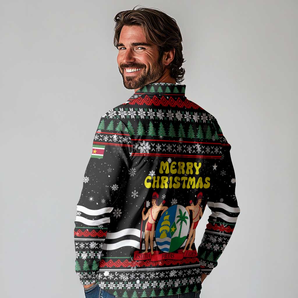 Suriname Christmas Long Sleeve Polo Shirt with Black Festive Pattern, Golden Ship, Palm Tree, and Coat of Arms Motif - Wonder Print Shop