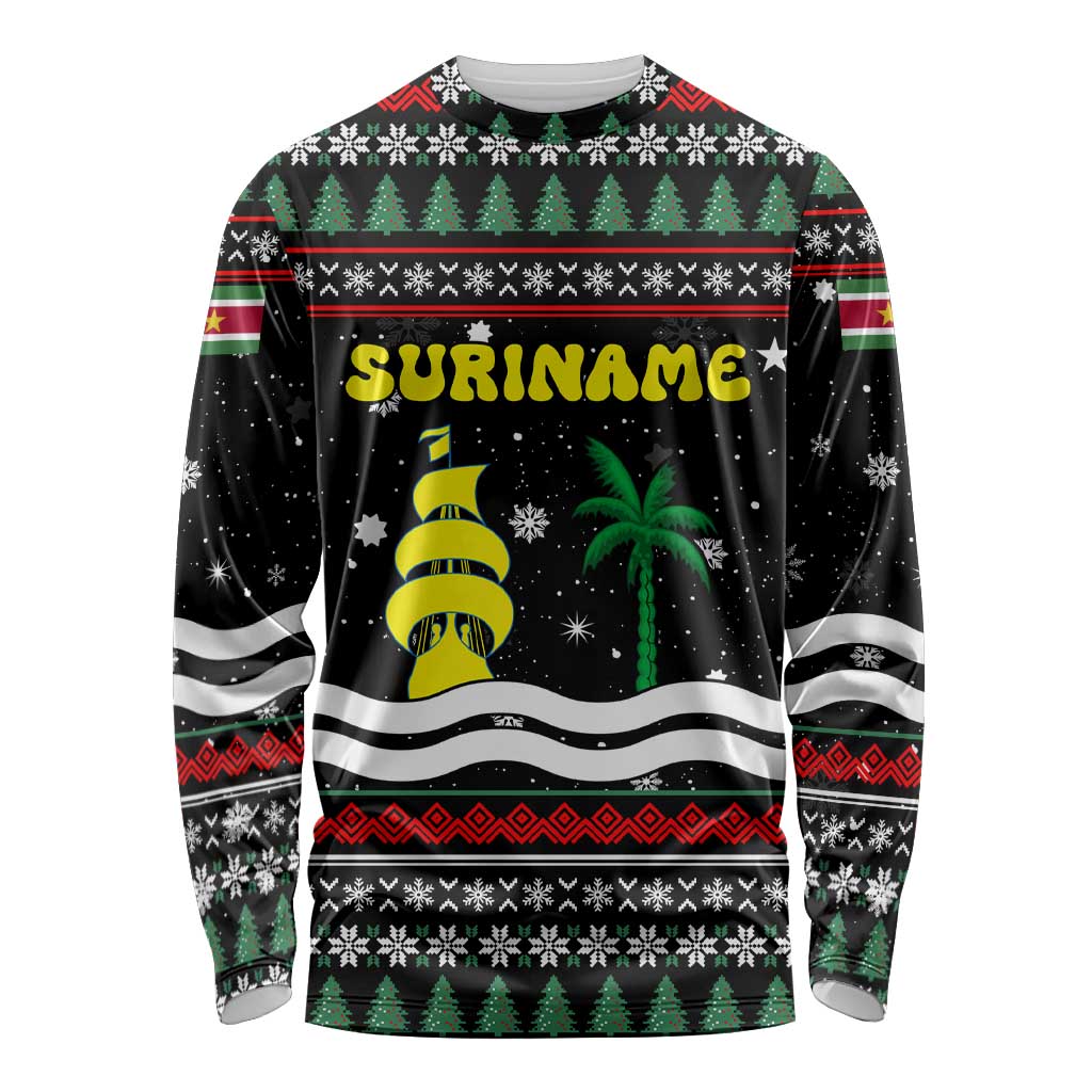 Suriname Christmas Long Sleeve Shirt with Black Festive Pattern, Golden Ship, Palm Tree, and Coat of Arms Motif - Wonder Print Shop