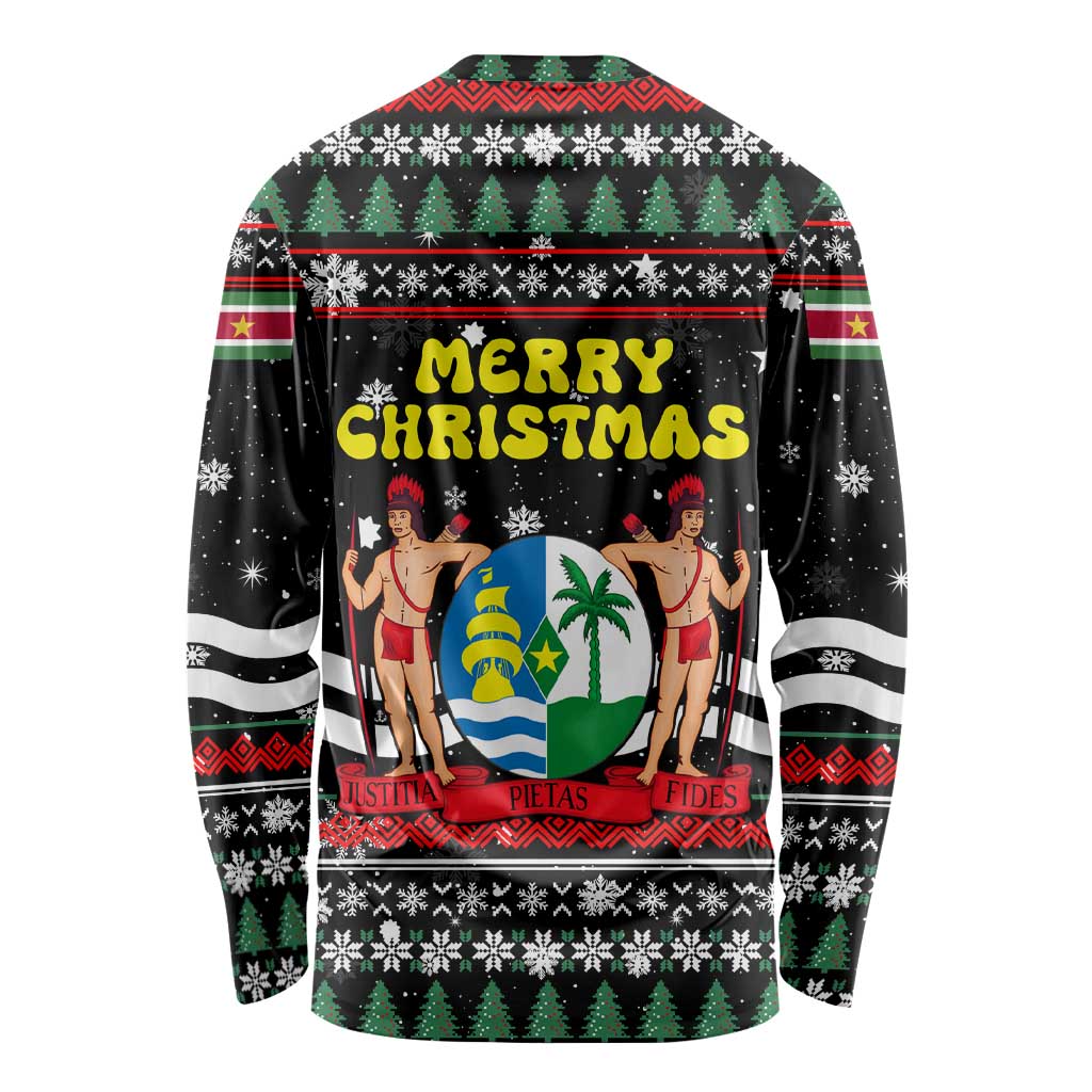 Suriname Christmas Long Sleeve Shirt with Black Festive Pattern, Golden Ship, Palm Tree, and Coat of Arms Motif - Wonder Print Shop