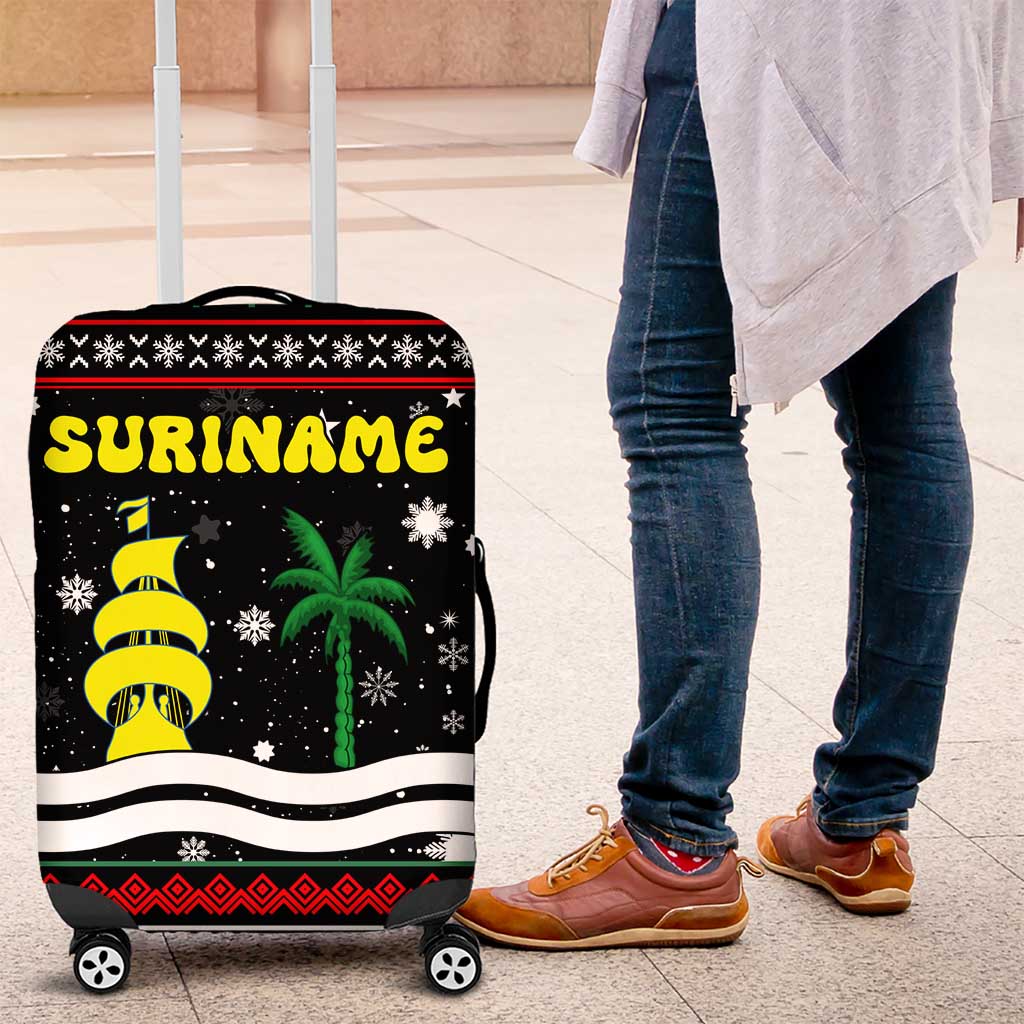 Suriname Christmas Luggage Cover with Black Festive Pattern, Golden Ship, Palm Tree, and Coat of Arms Motif - Wonder Print Shop