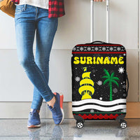 Suriname Christmas Luggage Cover with Black Festive Pattern, Golden Ship, Palm Tree, and Coat of Arms Motif - Wonder Print Shop