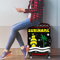 Suriname Christmas Luggage Cover with Black Festive Pattern, Golden Ship, Palm Tree, and Coat of Arms Motif - Wonder Print Shop