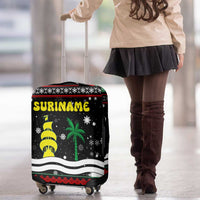 Suriname Christmas Luggage Cover with Black Festive Pattern, Golden Ship, Palm Tree, and Coat of Arms Motif - Wonder Print Shop