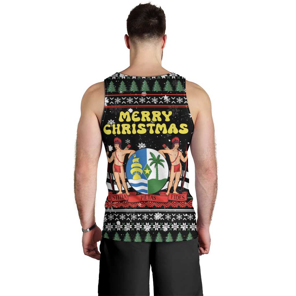 Suriname Christmas Men Tank Top with Black Festive Pattern, Golden Ship, Palm Tree, and Coat of Arms Motif - Wonder Print Shop