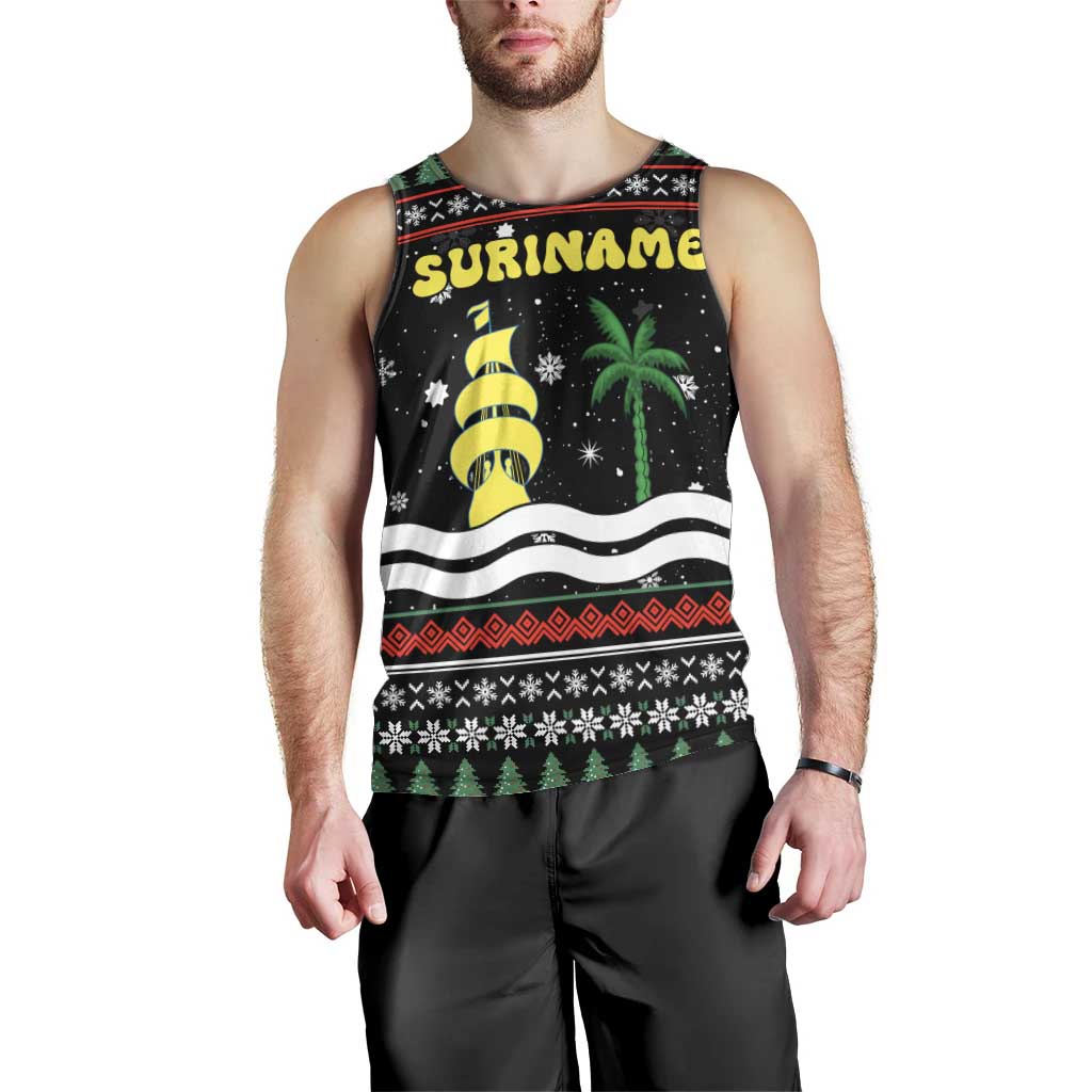 Suriname Christmas Men Tank Top with Black Festive Pattern, Golden Ship, Palm Tree, and Coat of Arms Motif - Wonder Print Shop
