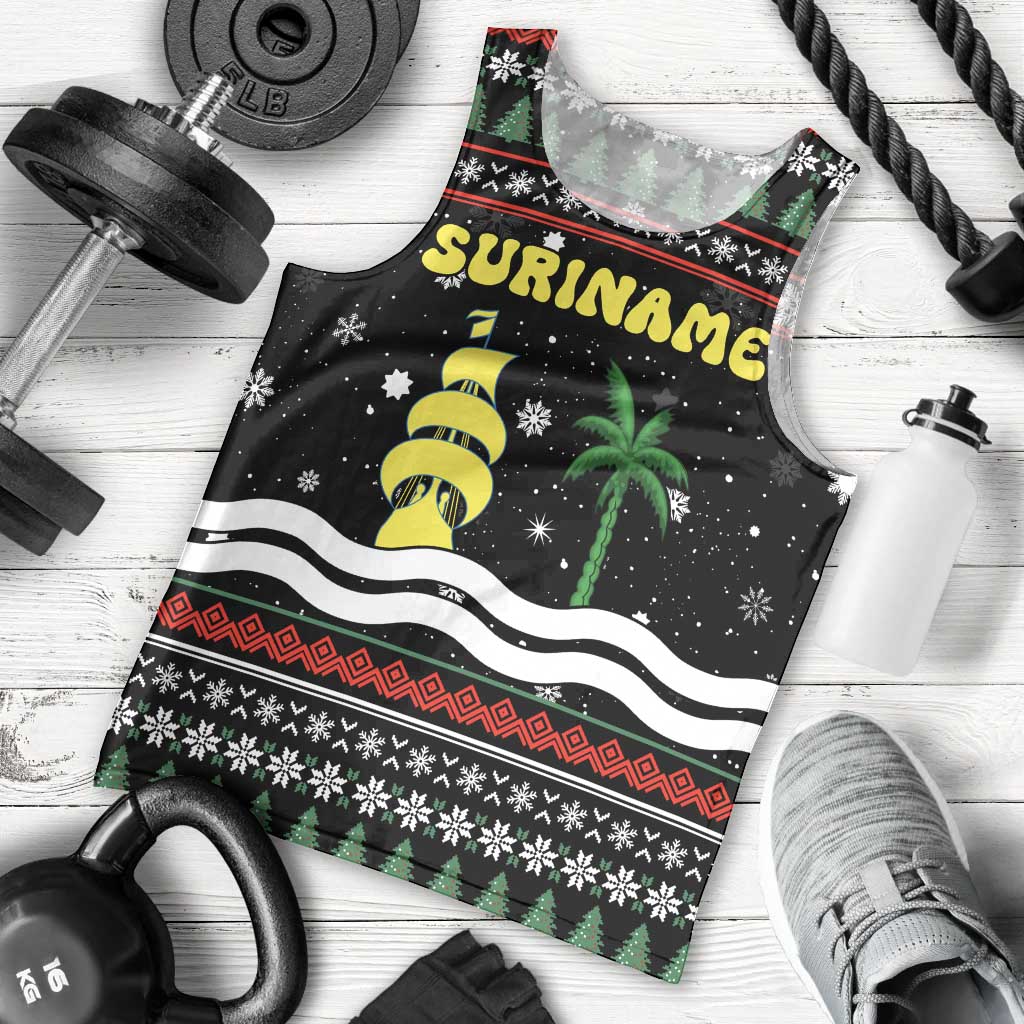 Suriname Christmas Men Tank Top with Black Festive Pattern, Golden Ship, Palm Tree, and Coat of Arms Motif - Wonder Print Shop