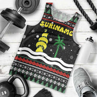 Suriname Christmas Men Tank Top with Black Festive Pattern, Golden Ship, Palm Tree, and Coat of Arms Motif - Wonder Print Shop