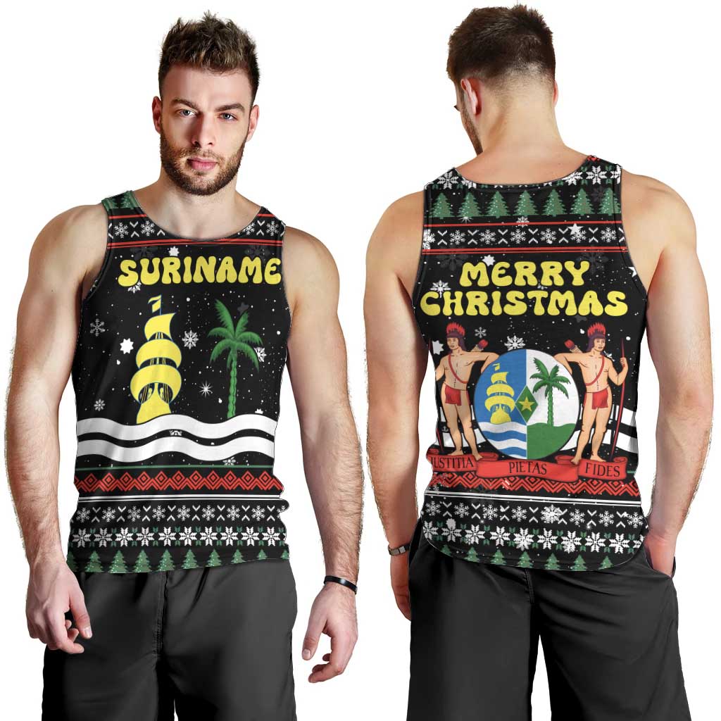 Suriname Christmas Men Tank Top with Black Festive Pattern, Golden Ship, Palm Tree, and Coat of Arms Motif - Wonder Print Shop