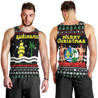 Suriname Christmas Men Tank Top with Black Festive Pattern, Golden Ship, Palm Tree, and Coat of Arms Motif - Wonder Print Shop