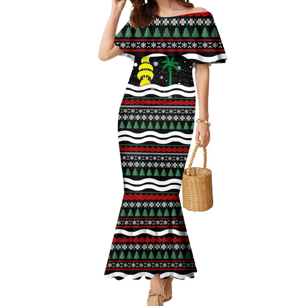 Suriname Christmas Mermaid Dress with Black Festive Pattern, Golden Ship, Palm Tree, and Coat of Arms Motif - Wonder Print Shop