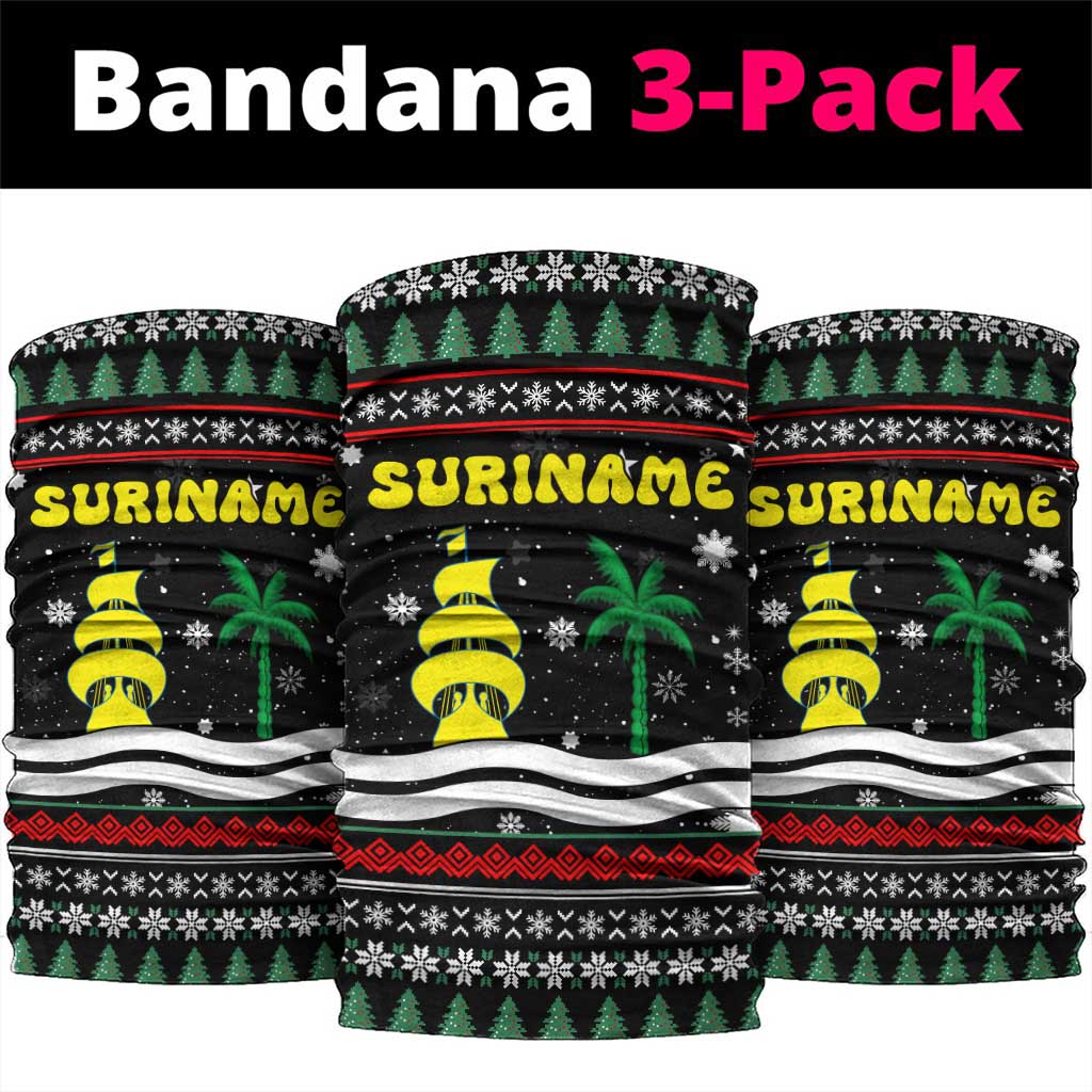 Suriname Christmas Neck Gaiter with Black Festive Pattern, Golden Ship, Palm Tree, and Coat of Arms Motif - Wonder Print Shop