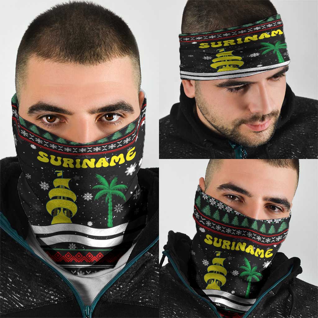 Suriname Christmas Neck Gaiter with Black Festive Pattern, Golden Ship, Palm Tree, and Coat of Arms Motif - Wonder Print Shop