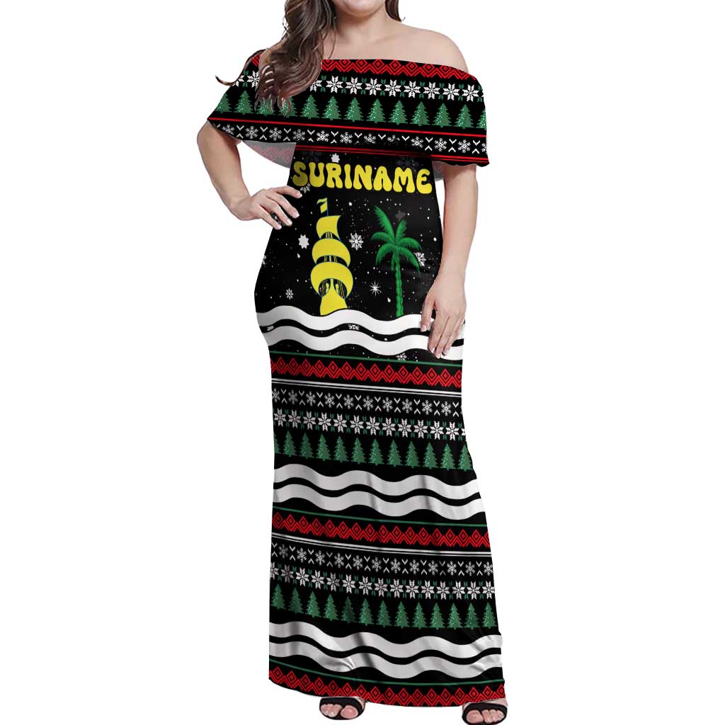 Suriname Christmas Off Shoulder Maxi Dress with Black Festive Pattern, Golden Ship, Palm Tree, and Coat of Arms Motif - Wonder Print Shop
