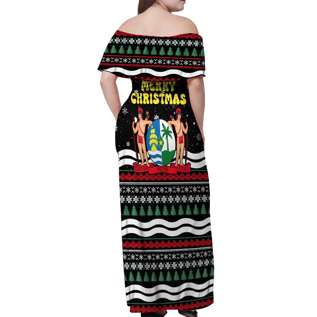 Suriname Christmas Off Shoulder Maxi Dress with Black Festive Pattern, Golden Ship, Palm Tree, and Coat of Arms Motif - Wonder Print Shop
