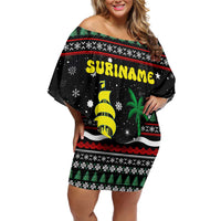 Suriname Christmas Off Shoulder Short Dress with Black Festive Pattern, Golden Ship, Palm Tree, and Coat of Arms Motif - Wonder Print Shop
