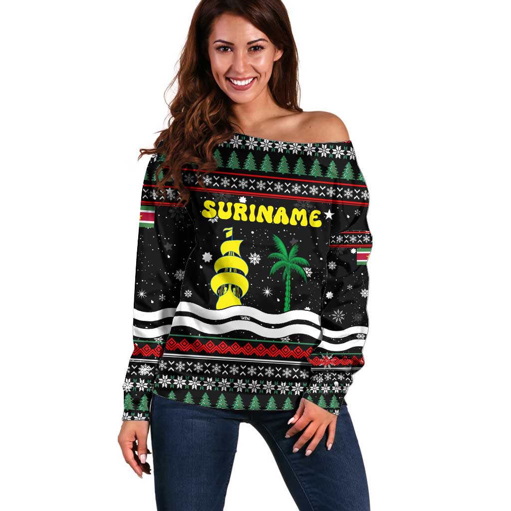 Suriname Christmas Off Shoulder Sweater with Black Festive Pattern, Golden Ship, Palm Tree, and Coat of Arms Motif - Wonder Print Shop