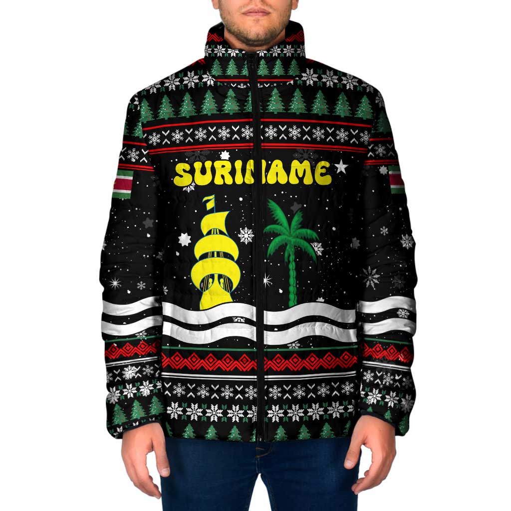 Suriname Christmas Padded Jacket with Black Festive Pattern, Golden Ship, Palm Tree, and Coat of Arms Motif - Wonder Print Shop