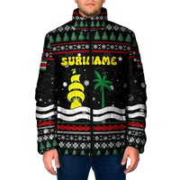 Suriname Christmas Padded Jacket with Black Festive Pattern, Golden Ship, Palm Tree, and Coat of Arms Motif - Wonder Print Shop