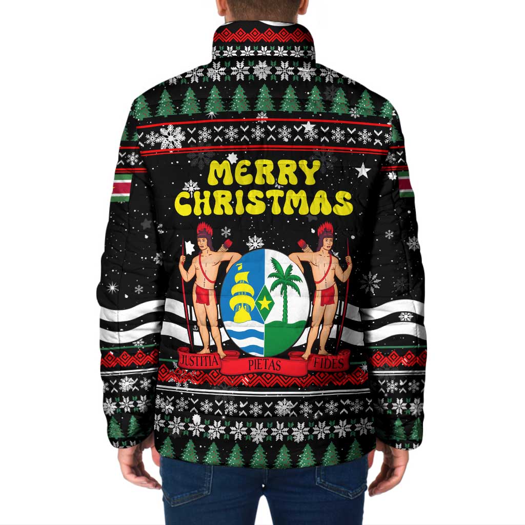 Suriname Christmas Padded Jacket with Black Festive Pattern, Golden Ship, Palm Tree, and Coat of Arms Motif - Wonder Print Shop