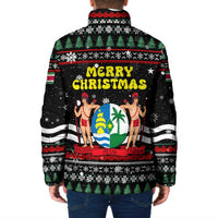 Suriname Christmas Padded Jacket with Black Festive Pattern, Golden Ship, Palm Tree, and Coat of Arms Motif - Wonder Print Shop