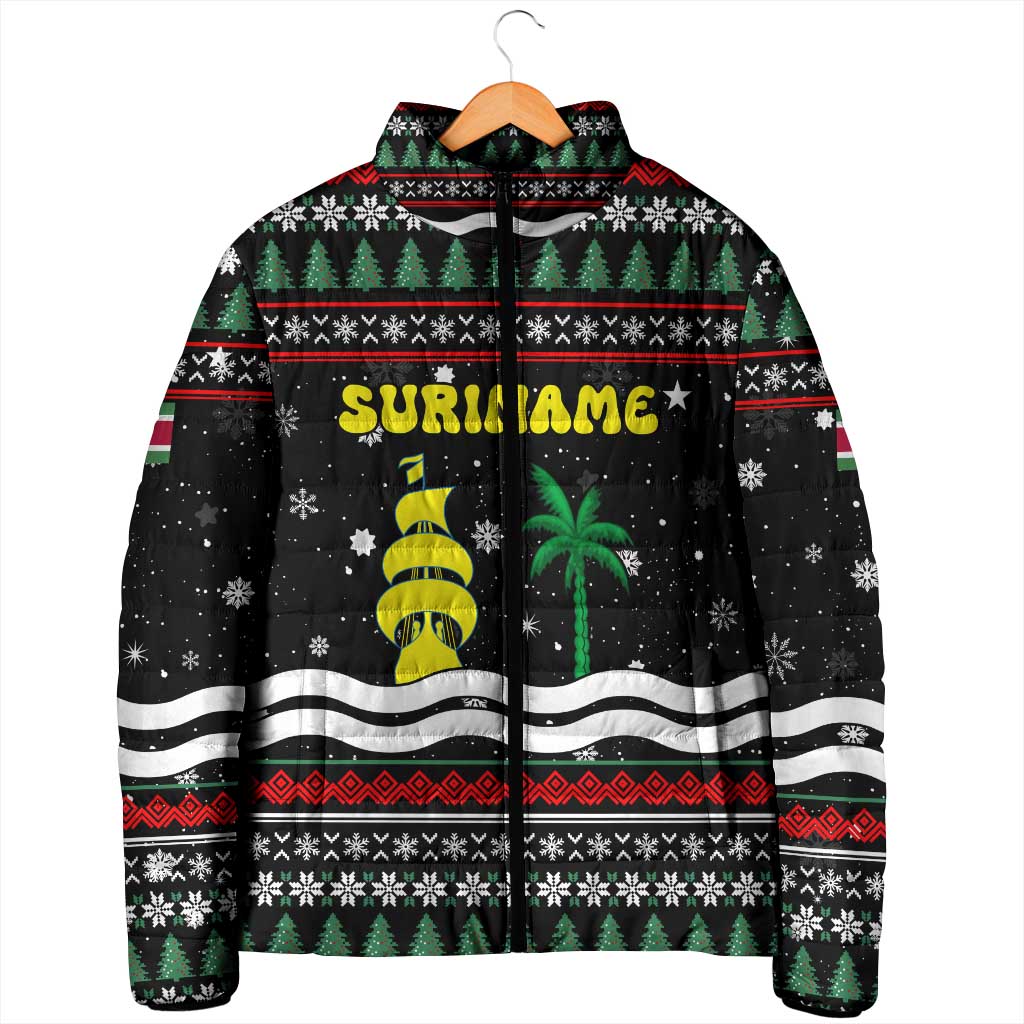 Suriname Christmas Padded Jacket with Black Festive Pattern, Golden Ship, Palm Tree, and Coat of Arms Motif - Wonder Print Shop