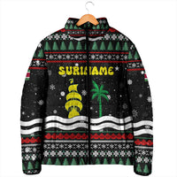 Suriname Christmas Padded Jacket with Black Festive Pattern, Golden Ship, Palm Tree, and Coat of Arms Motif - Wonder Print Shop