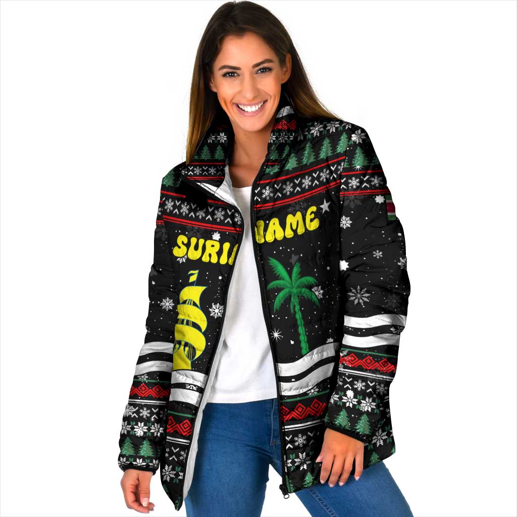 Suriname Christmas Padded Jacket with Black Festive Pattern, Golden Ship, Palm Tree, and Coat of Arms Motif - Wonder Print Shop