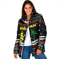Suriname Christmas Padded Jacket with Black Festive Pattern, Golden Ship, Palm Tree, and Coat of Arms Motif - Wonder Print Shop